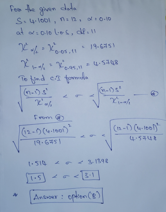 = 19.675) for the data given S = 4.1001, n = 12, 2=0.10 at x = 0.10 Lois, df = 11 X = XO05,41 X 1-6% = Xogs 4.5748 To find c.