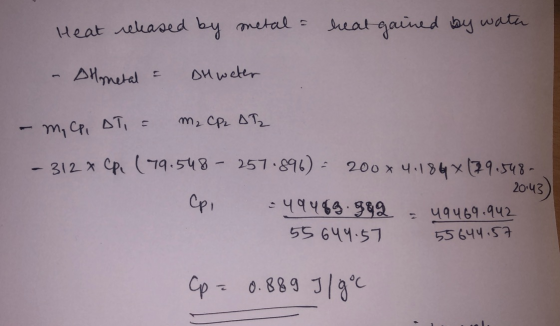 Heat released by metal = heat gained by water - Allmetal = DH weter - ma cp, DT, = M. CP. At - 312 x CP. (19.548 - 257.896) -