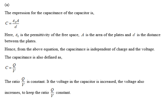 The expression for the capacitance of the capacitor is, c=보 Here, Eo is the permittivity of the free space, Ά is the area of