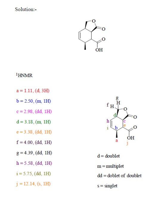 Solution:- OH 1 HNMR a = 1.11, (d, 3H) b = 2.50, (m. 1H) g H fh f c=2.98, (dd, 1H) d! d=3.18, (m, 1H) h b e=3.38, (dd, 1H) OH
