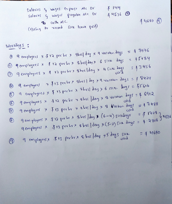 144 $4536 Salaries & wages expense ale or salaries & wages payable Ale Dr - To cash all (Being to record sick leave paid) 946