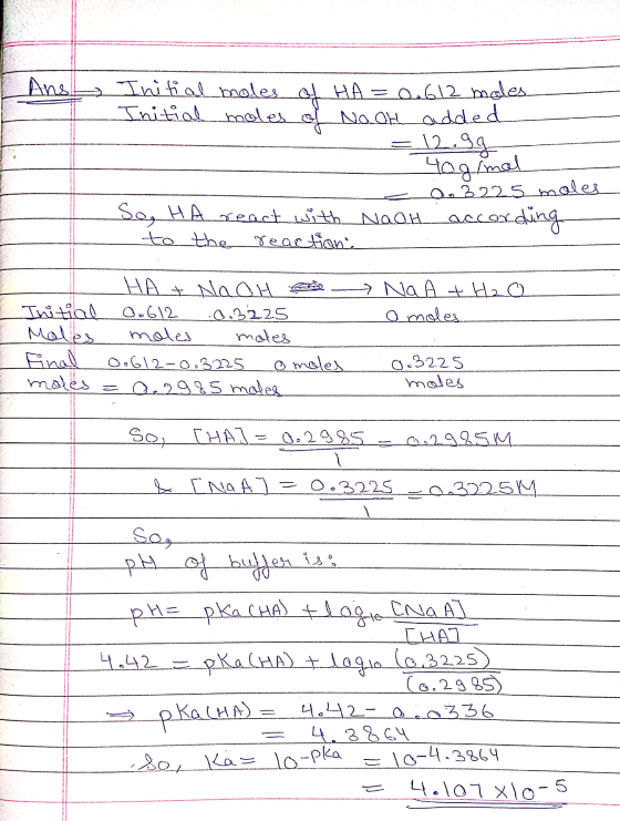 Ans a Initial moles of HA = 0.612 moles Initial moles NaOH added = 12.99 40g/mal 0.3225 moles Se, HA react with Nach accordin