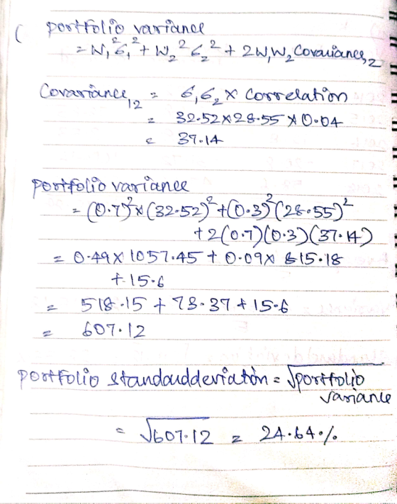C portfolio variance =N, 6 + W 26 2 + 2W,W Coravianes, Covariance & 6,6 correlation 32.52X28.55 0.04. e 37.14 III portfolio v