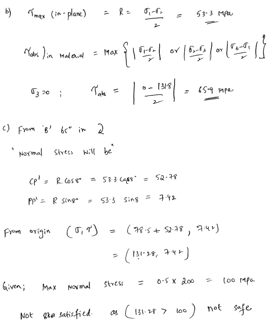 b ) Tmax (in-plane) - R- c 0-0 = 53-3 Mpa 2 8₂-0 Habs) in Material - Max lord {15 or 1663 | --La 131.8 1370 Tabs = 65.9 apa f