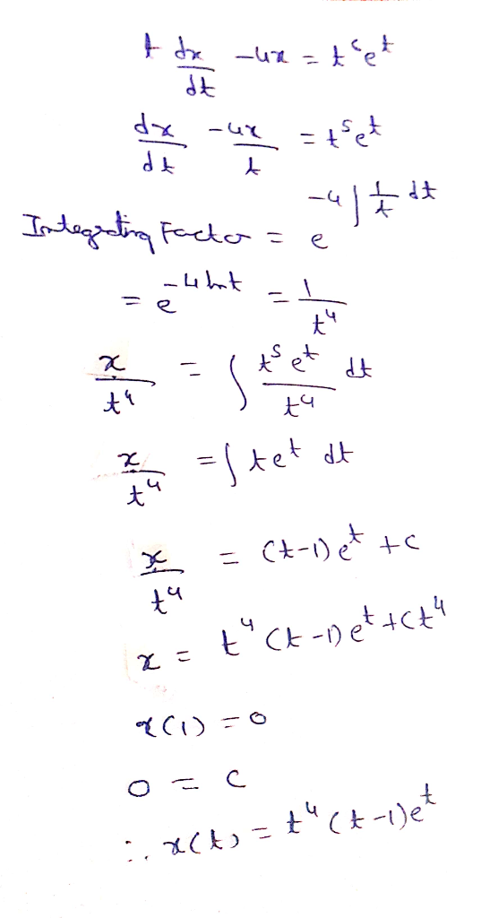 + de cue = het 1 tot Integrating factor y e that = 14 2 y = ftet at x = (t-1)et to ze tuck-net+Ct4 00 о с iact=t (tolet
