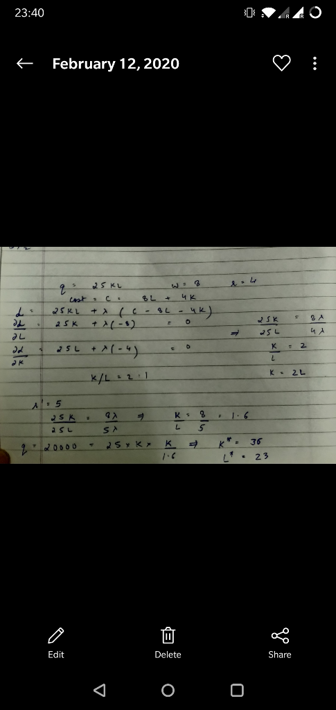 23:40 O:20 6 February 12, 2020 ♡ : - cost 25kL + x 25K + c. 8L + UK o8L uk) (-1) = SK SA اک لما 25L + (-4) K : 2 K. 2L K/L: 2