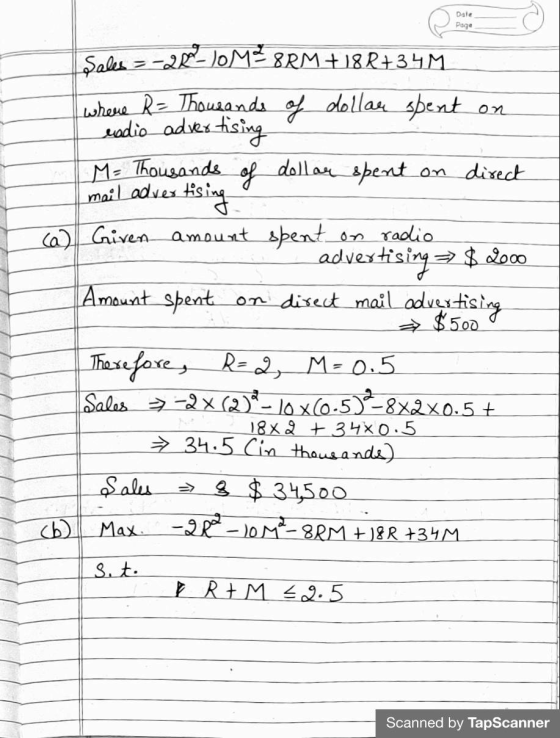 Dale Page Sales --26_10MŠ SRM +18R+34M where R = Thousands of dollar spent endio advertising M= Thousands of dollar spent mai
