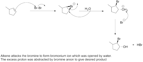 w Br-Br Brør _ LOOP + HBr Alkene attacks the bromine to form bromonium ion which was opened by water. The excess proton was a