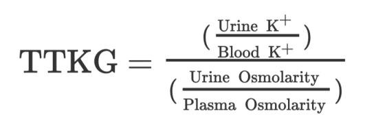 TTKG= Urine K+ Blood K+ Urine Osmolarity Plasma Osmolarity