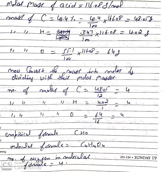lo Molos most of acid = 16.088/red mass of C = 41.4% - 41.4 166.08 - 48.05g 14 Hath 3.47x116.08 = 4.o 2 g 0 = 55.1 116-08