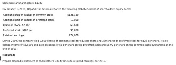 Statement of Shareholders Equity On January 1, 2019, Osgood Film Studios reported the following alphabetical list of shareho