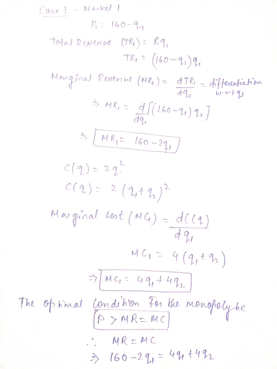 Case I - Market I Pi = 160-94 Total Revenue (TR) = Piq - TRA= (160-9,99 Marginal Revenue (MRI) - d try differentiation du War