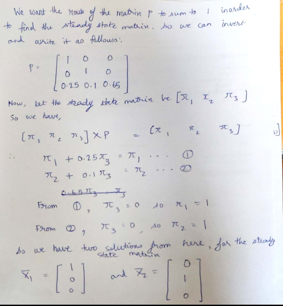 We want the Houb the mathin尸tozurn to I un onda to fnd the Aaady state matin. o vrvert and aiteiap fellows O o 0 I o 10.25 0-1 0.65 Now, t the So we ha 2 兀 6兀 So we have tuo sdoghero hom hon dah the ρ Slatemat in
