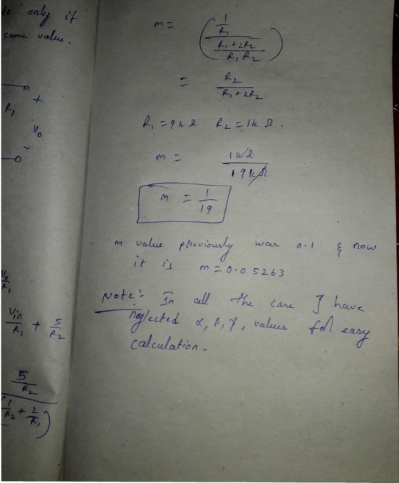only if same value. ma Rit2R2 RR2 et R2 R,+ 2R2 R=9kr Realkr. & now n value previously was o. it is m=0.05263 Note? In call t