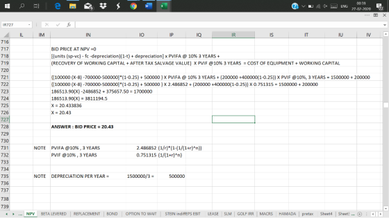 00:39 W ? v 1 ENG 27-02-2020 22 1R727 IL IM IN 10 P Q IR IS IT IU IVA 716 717 718 BID PRICE AT NPV =0 [(units (sp-vc) - fc-de