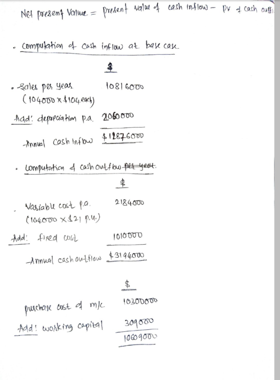 Net present Value = present value of cash inflow - pr of cash out • Computation of cash inflow at base case o sales pes year