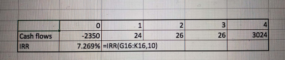 .0 4 1 24 Cash flows2350 IRR 26 26 3024 7.269%)=IRR(G16:K16,10)
