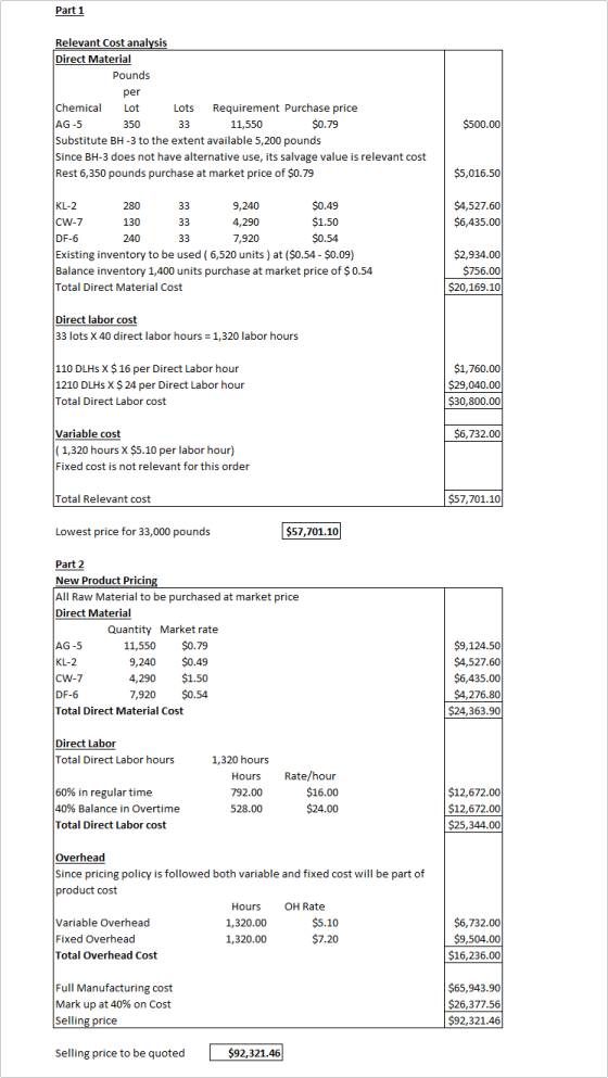 Part 1 Relevant Cost analysis Direct Material Pounds per Chemical Requirement Purchase price $0.79 Substitute BH-3 to the ext