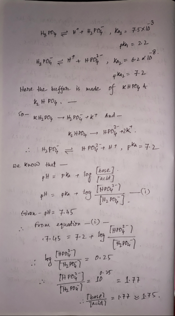 -8. H₂ PO 4 ~ H + H₂PO4 , Kaya 7.5410 to pka, = 2.2 H₂ pou H² + HPOL , Kaz= 6:24 100 pkaz= 7.2 Here the buffer is made of KHP