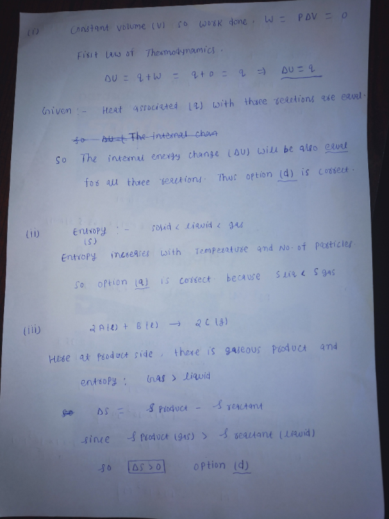done. W so work = PDV = 0 (is constant voume (V) First law of Thermodynamics. = DU = qtw qto= q ) DU=q three reactions are ca