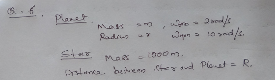 Q. 6 am Planet. Mass хь zoodle Radius Wapina to rad/s. star Mass 1000m. Distence between star and Plouet = R.