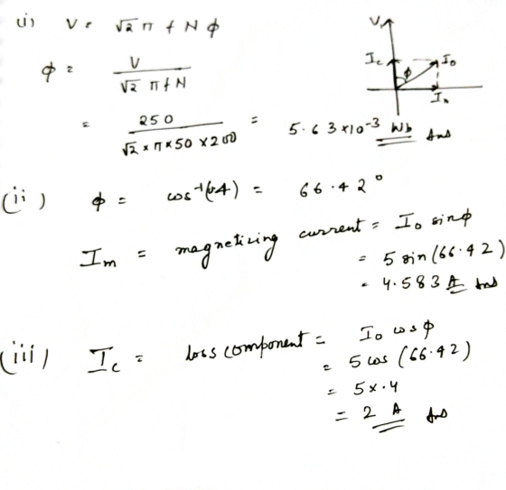 ره Ve van N4 Je Io VE TEN I 250 5.6 3x10-3 W Aas V3 x *50 X200 :) 66.42° ws164) os Im magnetizing current - Io sino 5 din 166