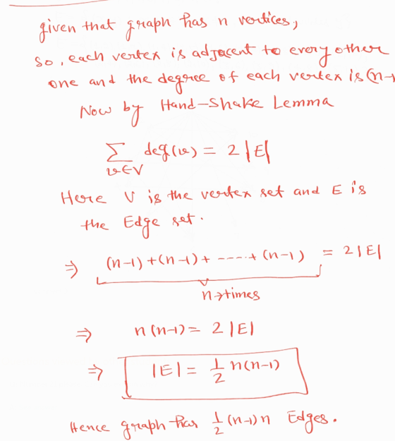 given that graph has n vertices, so, each vertex is adjacent to every other one and the degree of each vertex is - Now by Han
