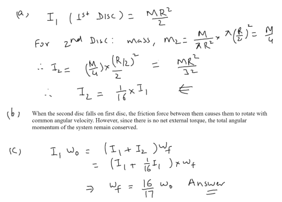 las I(15* Disc) - MBA for and Disc: mass, M2= MM X *(4/2) = N / tra le mie - Media . Iz = txI, € (b When the second disc fall