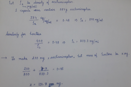 het lee density of acetaminophen. (mg/me) 1 capsule voan contain 3849 acetaminophen. 384 ing 38.4 mg/ng/n = 0.48 >> Sa : 800