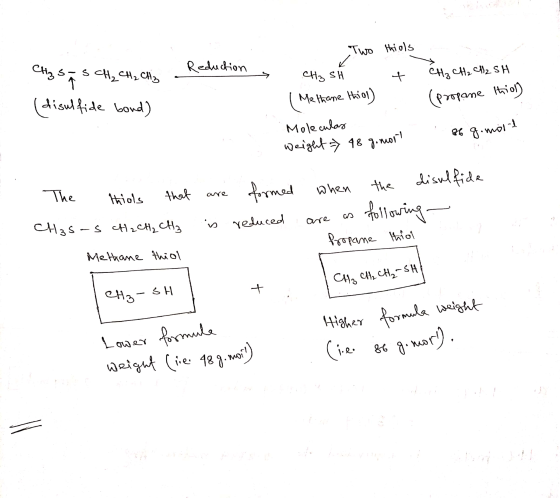 Reduction CH3 I 3 CH₂ CH₂ CH₂ - (disulfide bond) Two thiols CH₂ s ű t l Methane thiol) Molecular CH₃ CH₂ CH₂ SH (propane thio