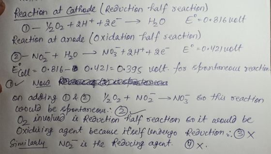 Reaction at Cathode (Reduction half reaction) 0 % O₂ + 2H+ + 2ě H₂O E=0.816 volt Reaction at anode (oxidation half reaction)