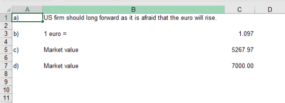 1 a) US firm should long forward as it is afraid that the euro will rise 1.097 5267.97 7000.00 3 b) 4 1 euro= Market value Ma