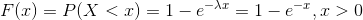 F(x)=P(X<x)=1-e^{-\lambda x}=1-e^{-x},x>0