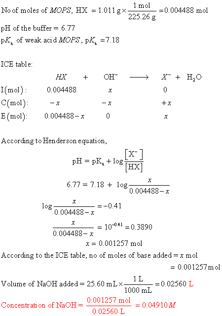 「mol Noof moles of MOPS, HX=1011g× pH of the buffer= 6.77 pKa of weak acid MOPS, pK =718 -0 225.26 g ICE table I(mol):0.00448