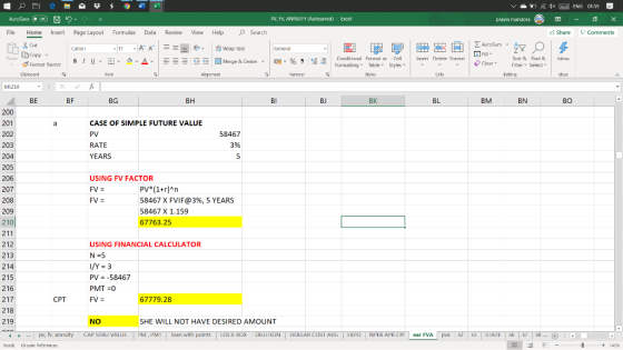 l Vo pravin mandora PV, HV, ANNUITY (Autosaved) - Excel AutoSave CH File Home 2 - Page Layout . 4x = ENG 01:59 - x Share Comm
