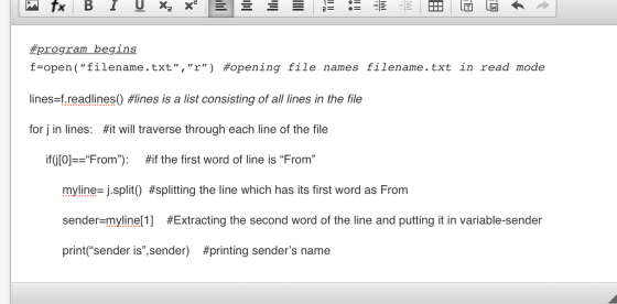 Patx B I U X X 3 = : to #program begins f=open(filename.txt,r) #opening file names filename.txt in read mode lines=f.read