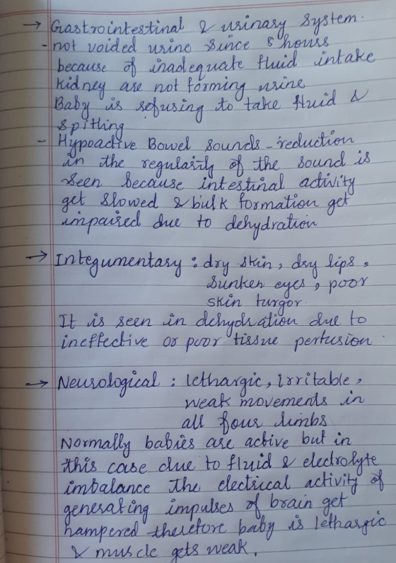 → Gastrointestinal & urinary system. -not voided urine since shours because of inadequate thuid intake Kidney are not forming