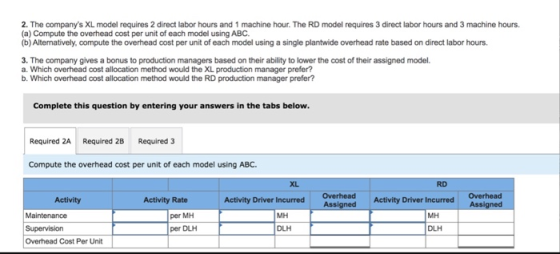 2. The companys XL model requires 2 direct labor hours and 1 machine hour. The RD model requires 3 direct labor hours and 3