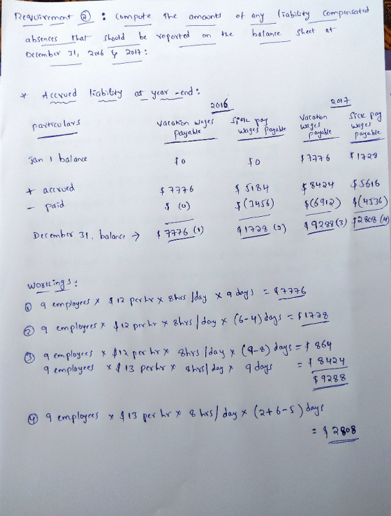 Requirement @ : compute the amounts absences that should be reported on the December 31, 2016 4 2017: of any liability balanc