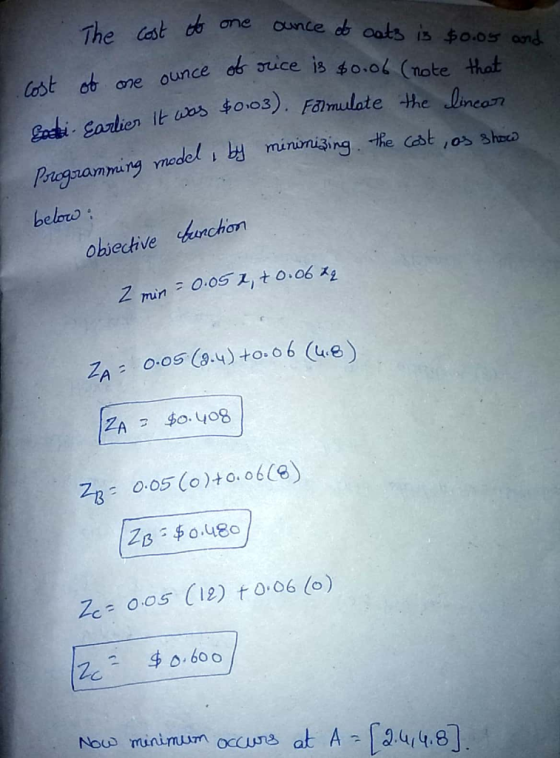 The Cast to one aunce d oats is $0.05 0ond Cost o one ounce o auce is $0.0 (note that 40.03). Falmulate the lincan EcdiSarlie