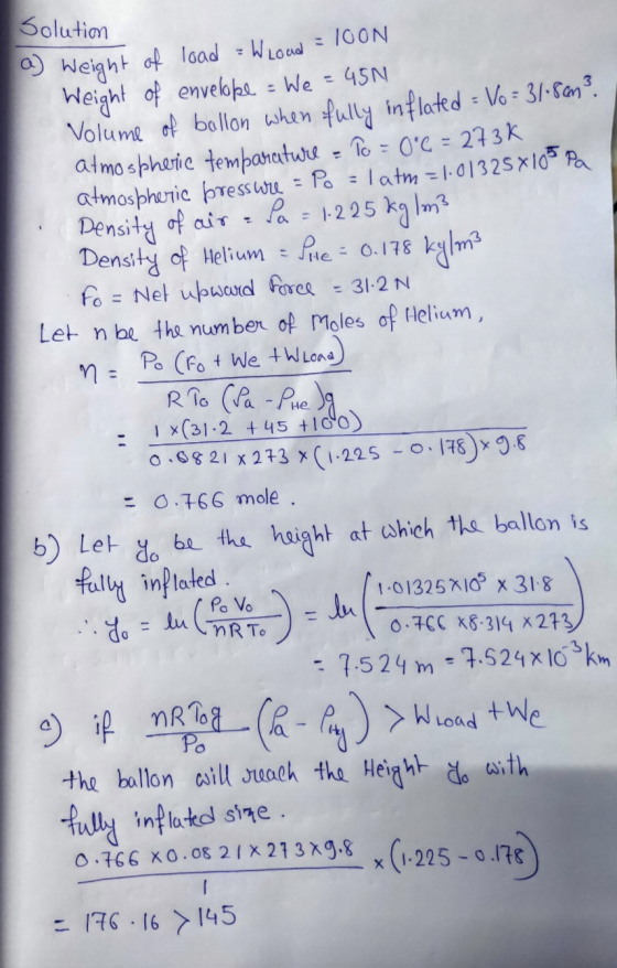 Solution Density 31:2 N = IOON a) Weight of load = W Load Weight of envelope : We = 45N Volume of ballon when fully inflated