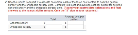 2. Use the results from part 1 to allocate costs from each of the three cost centers to both the general surgery and the orth