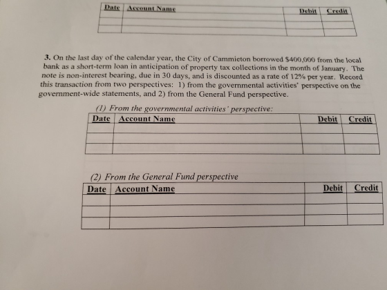 Date Account Name Debit Credit 3. On the last day of the calendar year, the City of Cammieton borrowed $400,000 from the loca