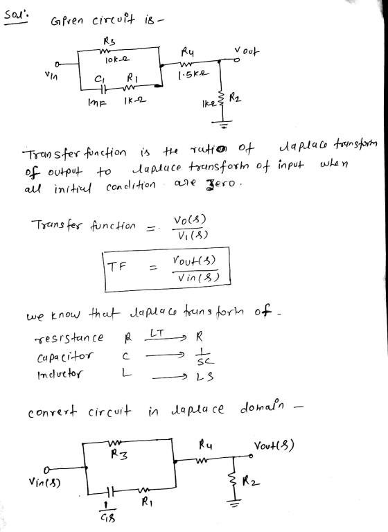 sod. Gpren circuit is R3 Ru vout loke via RI 1.5k6 с. th IMA Ik-2 R2 Ik9. when Transfer function is the ration of laplace tra