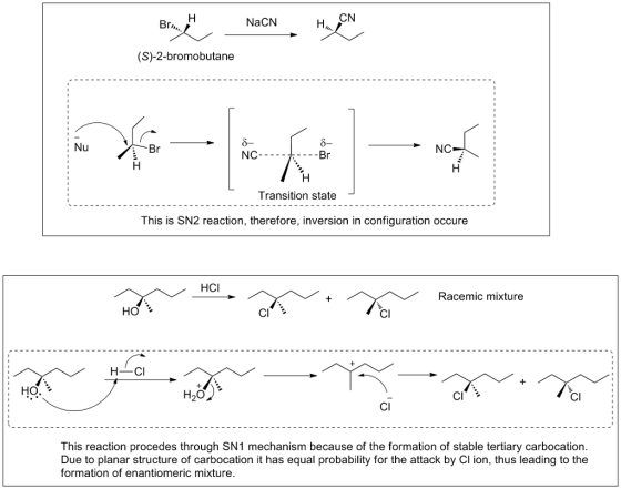 CN NaCN (S)-2-bromobutane : Nu NC Transition state This is SN2 reaction, therefore, inversion in configuration occure HCI Rac