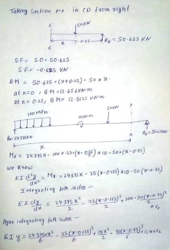 Taking Section X- in cp from right L SORM -0.2 TRE=50 0.25 x - 50.625 KN X SF: SO- 50.625 SF= -0.625 KN B-M 50 625 *(1+0:25)