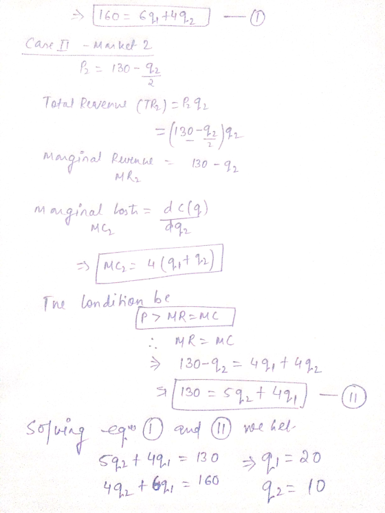 [160= 64, +422 - 0 Case II - Market 2 B = 130 - 92 Total Revenue (TR2) = P2q2 1 = (130-22) 92 Marginal Revenue - 130 - 92 I M