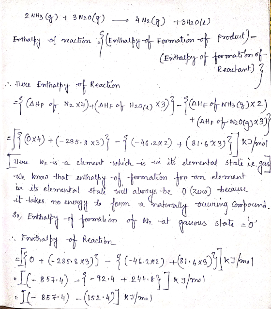 2 NHS 3 N20lg) 4 N2C 3420(1) Frthalh of eacton (EnthaltFarmaton -ofProdut) (Enthalpy of tomatno Reactamt) j oe fmihatb React