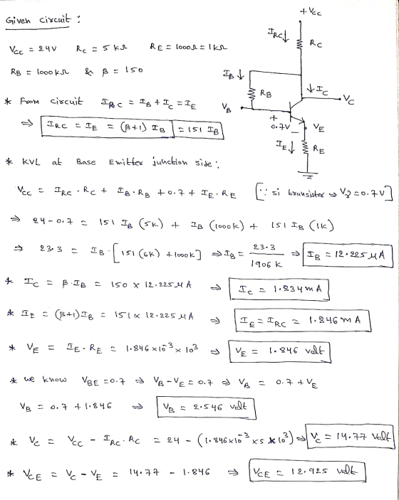 of Vec Given circuit ; Inch Rc Vcc - 24V Rc = 5kr REF loood - lkn RB = loooka & B = 150 IBV tic RB * from circuit IRC = IB +