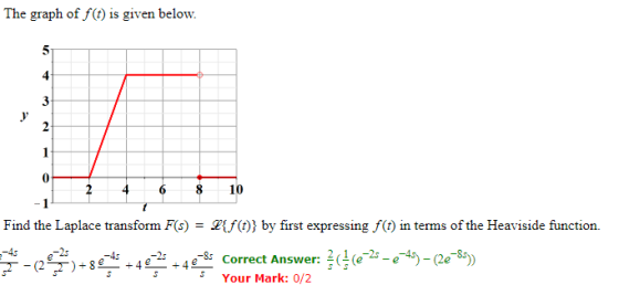 The graph of f(t) is given below. 5 4 3 y 2 1 0 2 6 8 10 = Find the Laplace transform F(5) {f(t)} by first expressing f(t) in